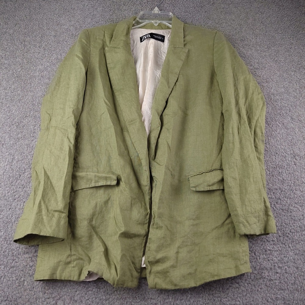 Zara Linen Blazer Sz Medium Olive Green Open Front Long Sleeve EUC